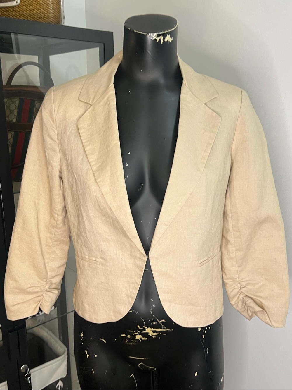 Margret By Be Cool Beige Open Front Cropped Blazer 3/4 Ruched Sleeves Size M